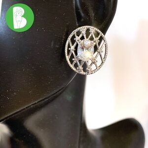 STERLING SILVER 925 WITH GENUINE GOSHENITE GEMSTONES CROSSHATCH BUTTON EARRINGS